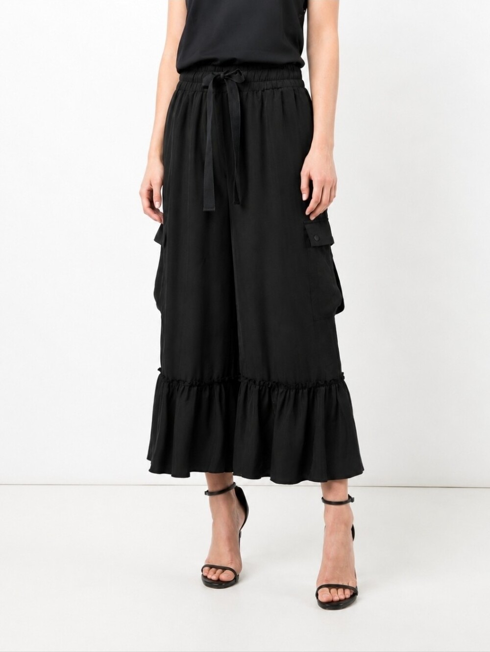 Cinq à Sept Black Cupro Cargo Pants Wide Leg Ruffle Hem Cropped Medium Prisilla